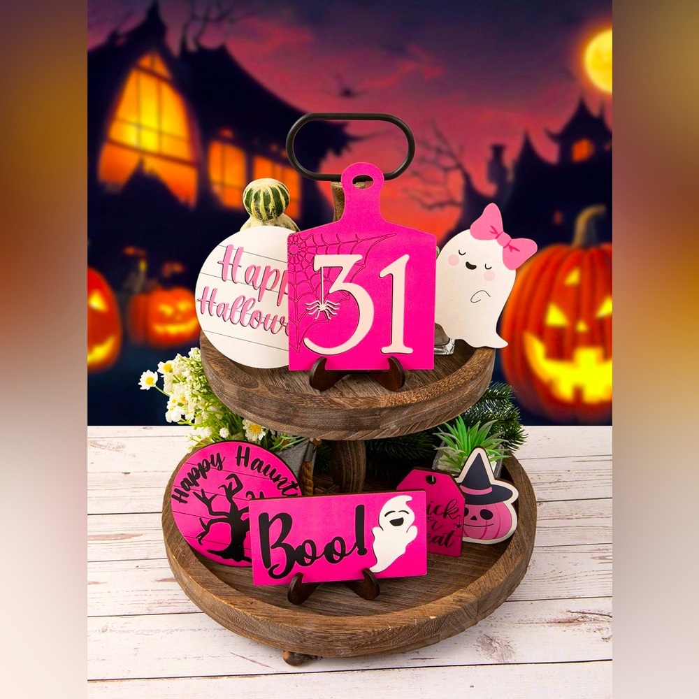 6 Piece Pink Halloween Tiered Tray Decorations-New